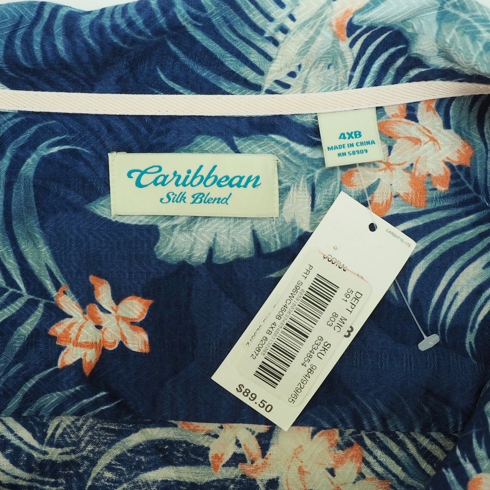 New Caribbean Hawaiian Shirt Mens 4XB Blue Floral Silk Blend Tropical AOP Camp - Picture 4 of 4